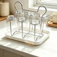 1pc 6‑Cup Stainless Steel Cup Drying Rack, Detachable Drip Tray With Handle, Kitchen Countertop Mug Storage Organizer - Multicolor - View 3