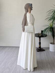 Hafizah Women's Solid Color Kimono Style Arabic Abaya & Long Dress Set, Without Hijab - White - View 4