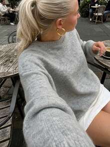 FOR BEAUTY Women's Y2K Soft Grey Floral Round Neck Loose Oversized Knit Pullover Sweater, American Street Style Casual Wear, Autumn/Winter - Light Grey - View 2