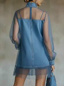 Vestido corto de mezclilla estilo urbano minimalista para mujer con mangas globo y cuello postizo combinado efecto estilizado de verano - Azul - Ver 2
