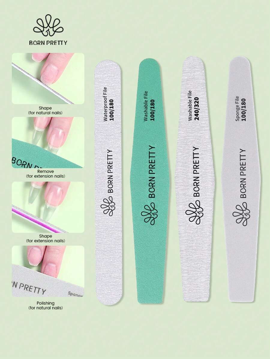 BORN PRETTY 1Pc/4Pcs Double‑Sided Nail File Buffer Set, Washable Sanding Nail Files 100‑320 Grit Manicure Tools For Acrylic Natural Nails - Multicolor - View 1