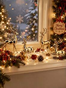 2pcs Gold Reindeer Statue, Gold-Plated Reindeer Decor, Shiny Metallic Texture Reindeer Sculpture, Standing And Lying Desktop Ornament, Suitable For Christmas Home Decor, Can Be Used As Christmas Housewarming Gift, Christmas Gift - Golden Reindeer - View 5
