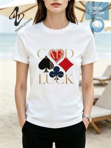 Card Luck Poker Suits Typography Print, Casino Style Aesthetic Art, Women Cotton Short Sleeve Tee, Casual Daily Summer Wear - White - View 1