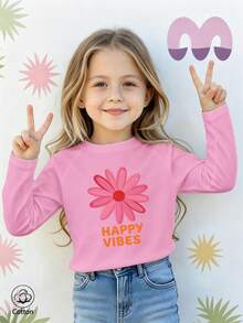 Girls Cotton Raglan Long Sleeve T-Shirt For Fall Winter, Pink Floral Print And Orange 'HAPPY VIBES' Graphic, Cute Sweet Preppy Style - Light Wine Red - View 2