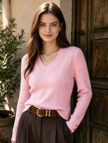 DONICY Women Elegant V Neck Ribbed Knit Sweater, Slim Fit Long Sleeve Top With Button Cuffs, Fall Pink Casual Knitted Pullover - Pink - View 1