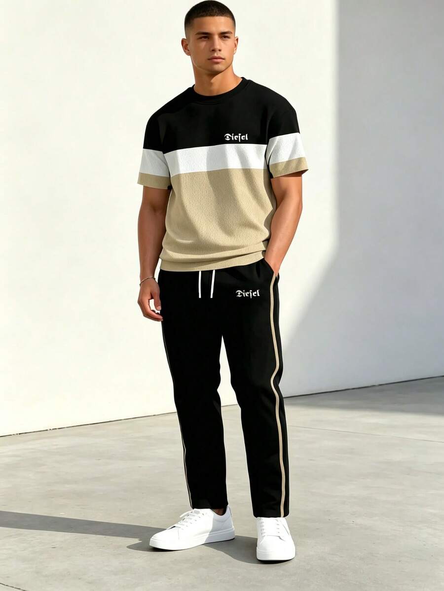 2pcs/Set Men's Breathable & Comfortable Sports Outfit, Premium Fabric Super Soft Gradient Casual Crew Neck Short Sleeve Top And Jogger Pants Set, Popular Outfit - Khaki - View 1
