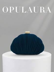 OpulAura 女款優雅/靜奢風百褶緞面方盒手拿包，浪漫婚禮晚宴包，迷人/精緻正式禮服包，極簡杏色方盒手拿包附鏈條，適合作為節日禮物 - 藏蓝色 - 查看 1