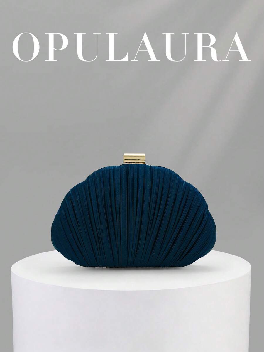 OpulAura 女款優雅/靜奢風百褶緞面方盒手拿包，浪漫婚禮晚宴包，迷人/精緻正式禮服包，極簡杏色方盒手拿包附鏈條，適合作為節日禮物 - 藏蓝色 - 查看 1