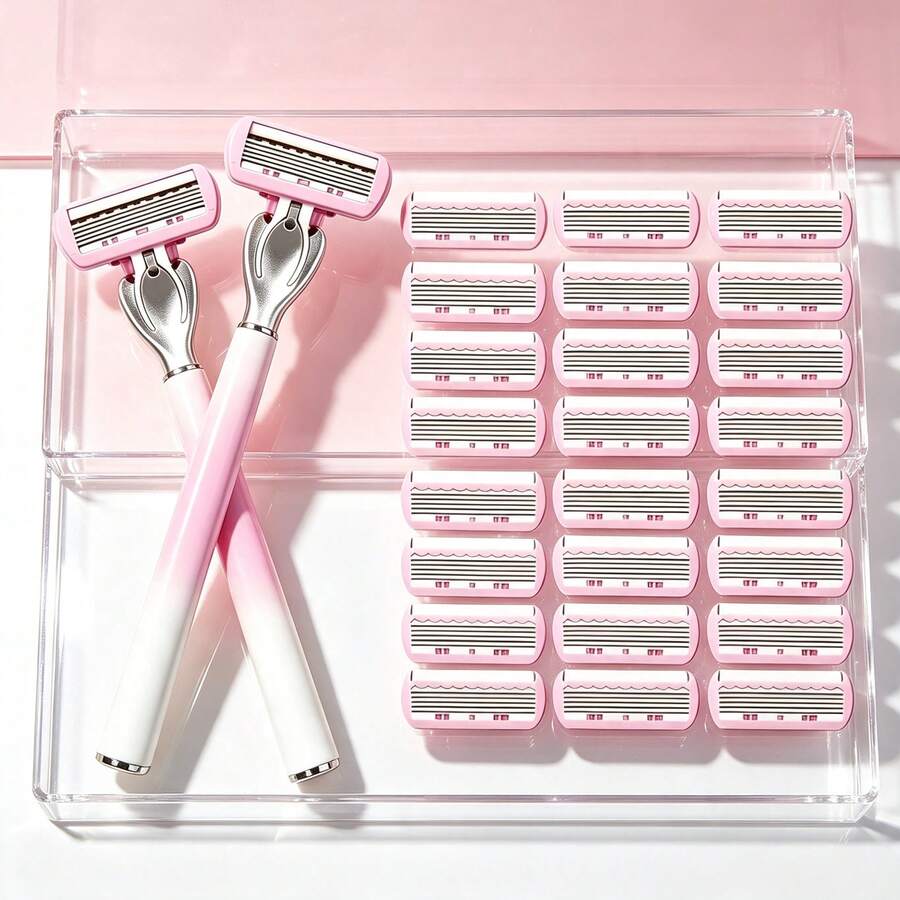 Women's Gradient Pink Manual Razor Set, 6/12/18pcs 6-Layer Replacement Blades, Washable Shaving Razor For Intimate Areas, Underarm Hair, Leg Hair, Shaving Tool, Close-Fitting Grooming Razor, Shaving Razor, Gentle And Summer Refreshing Shaving, High Cost-Performance Durable Shaving Razor