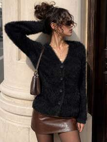 Women's Fall Winter Black Imitation Mink Knit Cardigan,V Neck Button Front Long Sleeve Sweater,Soft Daily Versatile Cardigan, Casual Vacation Outfit - Black - View 8