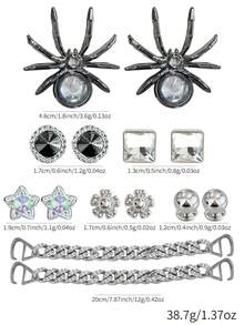 14pcs Gun Black Spider Dark Style Clog Shoe Charms, Rhinestone Star Flower DIY Alloy Shoe Buckle Set - Silver - View 1