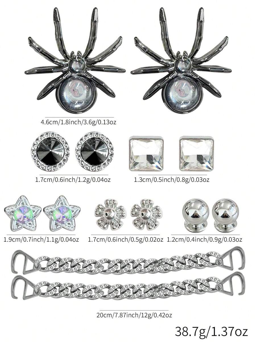 14pcs Gun Black Spider Dark Style Clog Shoe Charms, Rhinestone Star Flower DIY Alloy Shoe Buckle Set - Silver - View 1