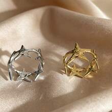 2‑Color Starfish Open Cuff Ring, Adjustable Textured Spiral Ocean Style Finger Ring, Gold & Silver Tone Beach Vacation Statement Jewelry For Women - Star - View 2