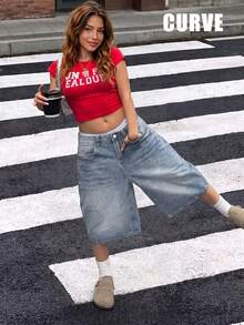 Spring/Summer New European And American Streetwear Style Mid-Waist Non-Stretch Loose Casual Plus Size Women Denim Shorts - Medium Wash - View 6