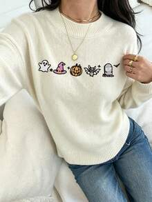 LOVE JOYY Women's Autumn Winter Halloween Faux Embroidery Crew Neck Sweater Drop Shoulder Loose Pullover For Daily Festival - Beige - View 6