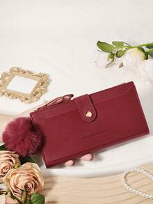 Dengan hiasan pom-pom, dompet panjang ultra tipis yang modis, dompet yang dapat memuat ponsel kecil, cocok untuk aktivitas luar ruangan dan perjalanan. - Burgundy - View 11