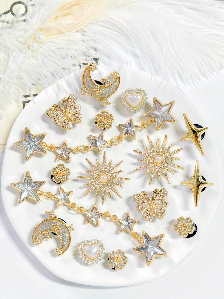 16pcs Rhinestone Butterfly Sun Moon Star Chain Set, Detachable Accessories For DIY Sandals And Beach Bags, Gift - 16pcs Star - View 1