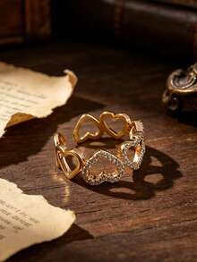 1pc Micro-Inlaid Full Rhinestone Minimalist Elegant Geometric Hollow Heart Open Adjustable Ring, Suitable For Women's Daily Commute, Party, Gift - Gold - View 3