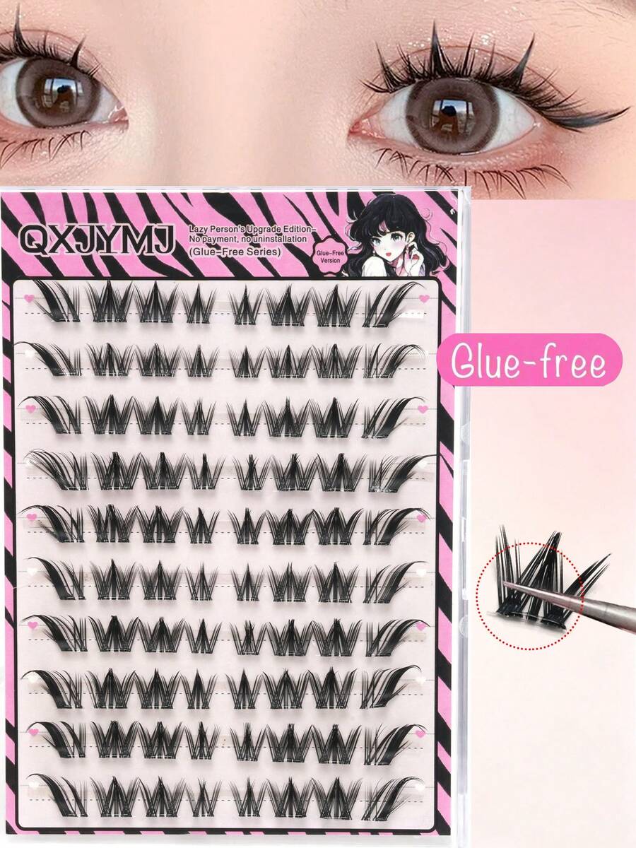 80PCS Glue Free Cartoon False Eyelashes, Natural And Lightweight, Single Cluster Segmented Eyelashes, Suitable For Beginners, Suitable For All Places, Eyelashes, False Eyelashes, Glue Free Eyelashes - C - View 1