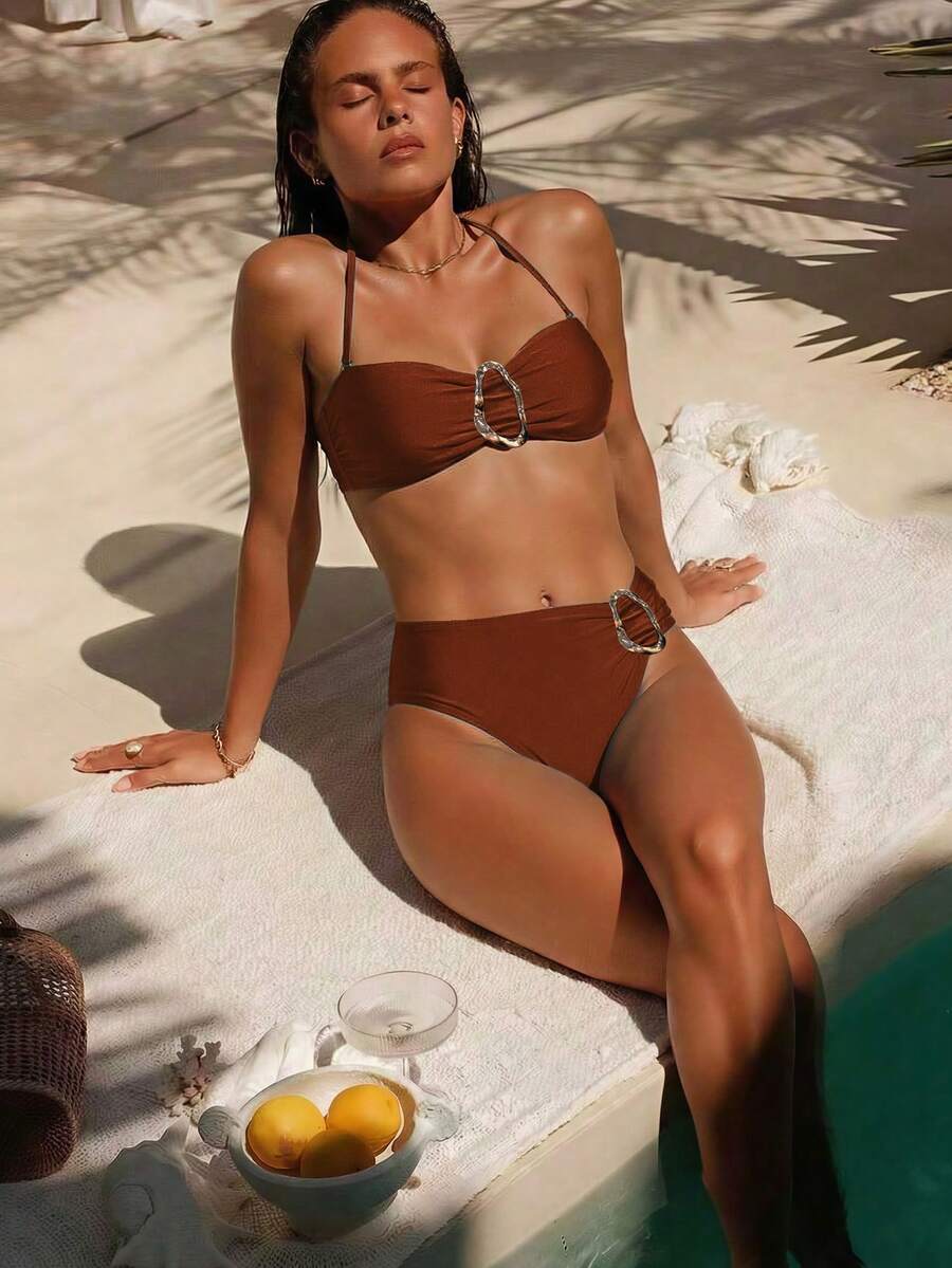 Women's Solid Color Halter Neck Bikini Two Pieces Set With Metal Accessory, Suitable For Island Vacation Brown Beach - Brown - View 1