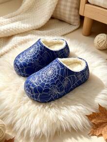 1 Pair Spider Web Pattern Fleece Slip-On Kids Shoes, Warm & Comfortable House Shoes, Suitable For Indoor & Outdoor Daily Wear - Blue - View 3