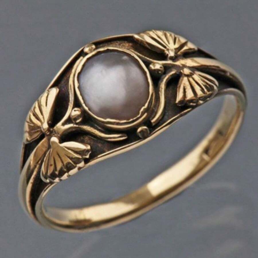 Gmzalx Vintage Embossed Ring With Faux Pearl Round Main Stone, Bohemian Style Handmade Fashion Jewelry For Women - Gold - View 1