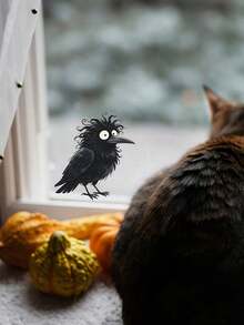 1pc 2D Funny Spiky Crow Halloween Window Sticker, Removable No Residue, Holiday Atmosphere Decor, Home Style Upgrade, Dark Balcony Door Window Decoration, Waterproof Moisture-Proof No Curling Easy Installation, Single Color Transparent, 5.5*5.5inch - Black - View 6