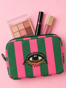 Evil Eye Striped Embroidered Makeup Bag, Bohemian Style Makeup Bag, Portable Makeup Bag, Makeup Storage Bag, Storage Bag, Toiletry Bag, Zipper Closure, Decorative Embroidery, Storage Organization, Large Capacity, Easy To Carry, Daily Storage, Travel And Business Trips - Multicolor - View 6