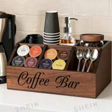 1pc 5-Compartment Wooden Coffee Bar Storage Box, Vintage Country Style Countertop Organizer, Suitable For Coffee Pods, Coffee Cups, Spoons And Accessories, Farmhouse Style Kitchen Coffee Station Decor - Multicolor - View 4