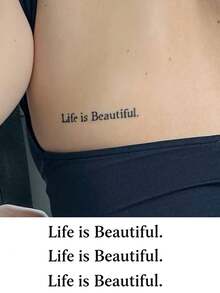 「Life Is Beautiful」名言臨時紋身貼 防水持久 假身體藝術貼紙 勵志襯線字體字母紋身貼 適用鎖骨、肋骨，女款男款成人通用 - 黑色 - 查看 7