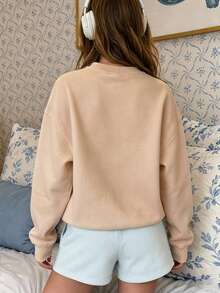 Autumn Girls Crew Neck Long Sleeve Sweatshirt With Cute Cartoon Bear Print Featuring Capybara, Orange, Burger, Fries And Fish Bone Decoration - Apricot - View 5