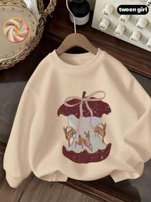 Autumn Girls Printed Sweatshirt With Carousel Deer And Pink Bow Design, White Long Sleeve Crewneck - Apricot - View 2