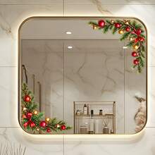 1pc Watercolor Christmas Pine Branch Corner Frame Decorative Glass Sticker, Red & Gold Christmas Ball, Bell, Bow Bathroom Glass Decorative Sticker - 25*25 cm - View 1