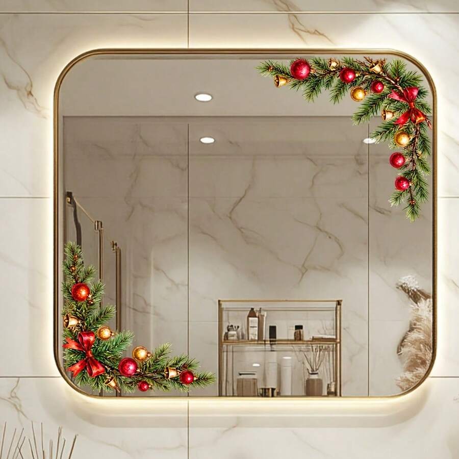 1pc Watercolor Christmas Pine Branch Corner Frame Decorative Glass Sticker, Red & Gold Christmas Ball, Bell, Bow Bathroom Glass Decorative Sticker - 25*25 cm - View 1