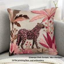 1pc Pink Leopard Print & Palm Tree Pattern Cushion Cover, Zipper Closure, 45x45cm Leopard Print Decorative Pillowcase, Suitable For Sofa Bed Chair Lumbar Pillow, Living Room Home Decor, Without Pillow Insert, 2D Flat Printing, Not Real 3D Embroidery - Multicolor - View 1