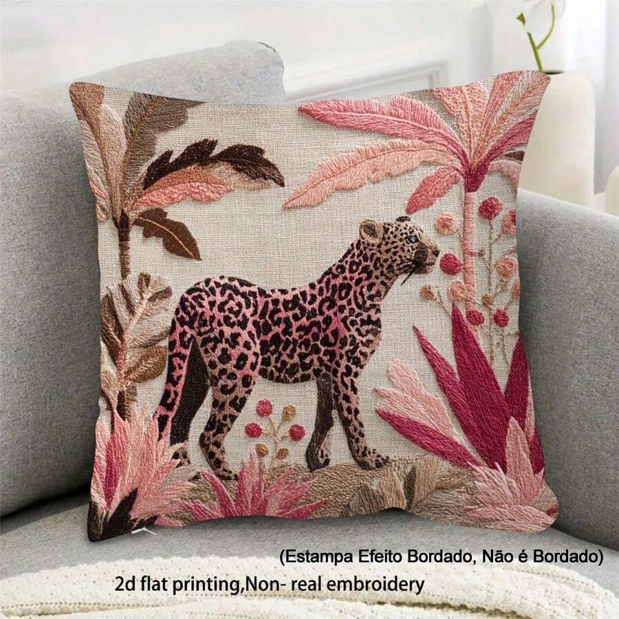 1pc Pink Leopard Print & Palm Tree Pattern Cushion Cover, Zipper Closure, 45x45cm Leopard Print Decorative Pillowcase, Suitable For Sofa Bed Chair Lumbar Pillow, Living Room Home Decor, Without Pillow Insert, 2D Flat Printing, Not Real 3D Embroidery - Multicolor - View 1