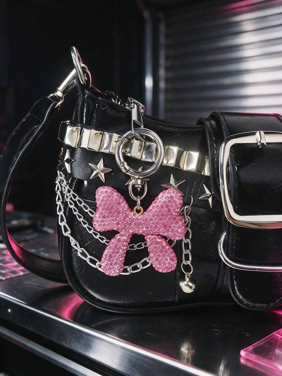 1pc Sweet Cool Party Style Sparkling Element Bag Charm, Rhinestone Bow Bag Pendant Keychain Decoration - Multicolor - View 1