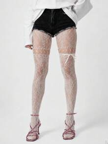 1 Pair Plus Size Women's White Floral Lace Over-The-Knee Socks, Satin Bow Decor Hollow Mesh Socks - Multicolor - View 4
