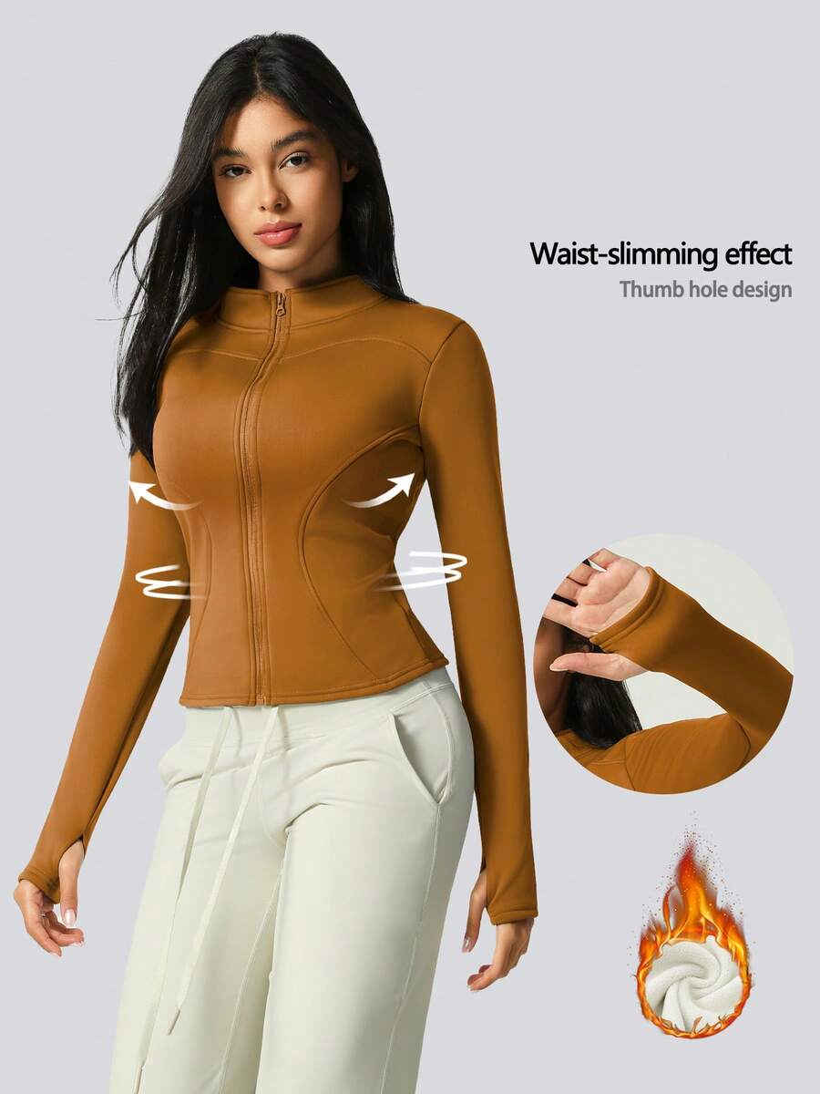 Fleece Full Zip Jacket Women's Stand Collar Thumbhole Double Arc Design Christmas New Year Going Out Top - Burnt Orange - View 1