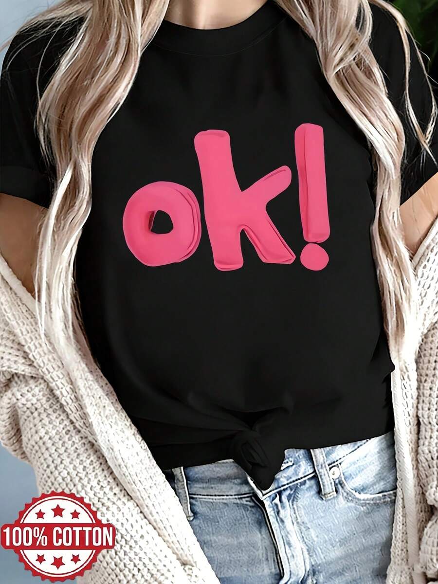 Pink OK! Women's T-Shirt With Letter Print, Cute, Girly Style, Short-Sleeved Top, 100% Round Neck Summer Blouse, Breathable Spring/Summer - Black - View 1