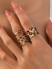 2pcs Fashionable Exquisite Elegant Retro Leopard Print & Leaf Combination Open Ring, Suitable For Women's Daily Wear - Multicolor - View 2