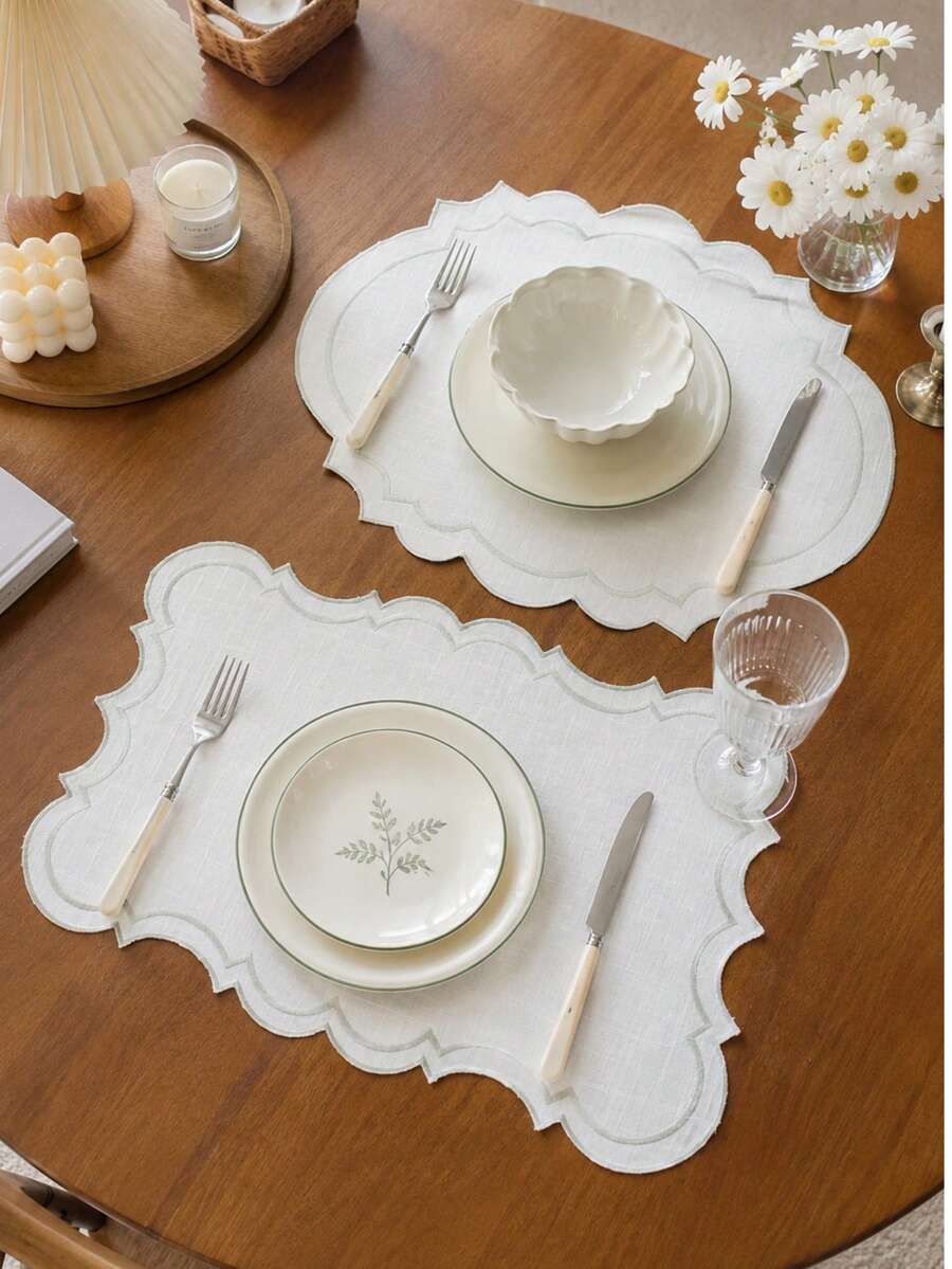 Bộ 4 tấm lót bàn ăn tròn thêu màu trơn, sợi polyester phong cách đồng quê, phù hợp cho bàn ăn, bàn cà phê, bàn trà, trang trí nhà hàng ngày, lót bình hoa, đám cưới, lễ hội, tiệc - trắng - Xem 1