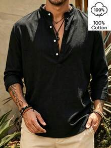 WAIT HIM 100% Cotton Men's Casual Solid Color Henley Collar Long Sleeve Shirt - Black - View 8