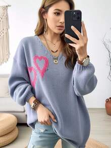 Plus Size Women V-Neck Heart Jacquard Sweater Pink Love Pattern Knit Pullover Long Sleeve Soft Warm Top Autumn Winter Sweet - Gray Blue - View 4