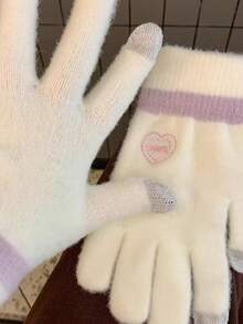 Girl Style Heart Embroidery Touchscreen Knit Gloves, Unisex Autumn/Winter Colorblock Soft Thick Warm Fingerless Gloves For Daily Outdoor Cycling Commuting Cold Protection Wrist Guard - Multicolor - View 3