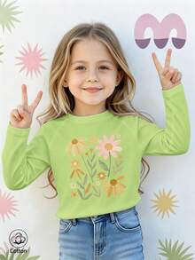 Girls Cotton Raglan Long Sleeve Tee, Autumn Winter Floral Print Top, Sweet Pastoral Charm Preppy Style - Fruit Green - View 2