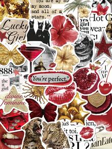 50pcs Gold & Red Stickers For Notebook, Planner, Phone Case, Tablet, Violin, Cabinet, Skateboard, Guitar Decoration, Christmas Gift - Gold Red - View 1