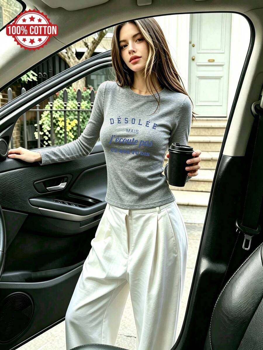 Women's Pure Cotton Long Sleeve T-Shirt French Minimalist Style With Blue Letter Print, Crew Neck Slim Fit, Autumn Winter Basic Layering Tee - Grey - View 1
