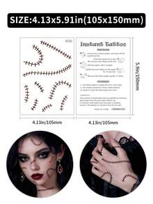 1 Sheet Halloween Temporary Tattoo Sticker, Non‑Reflective Realistic Stitch Suture Line Fake Tattoo, Waterproof Face Hand & Body Art Sticker For Women Gothic Cosplay Party Makeup - Multicolor - View 7
