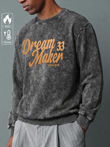 Simple-Men 復古酸洗圓領運動衫，Dream Maker 33 Hope 2026 復古草寫字母圖案印花休閒街頭套頭上衣 - 黑色 - 查看 3